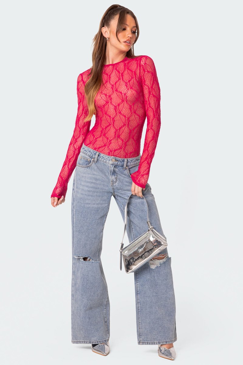 Edikted Lina Sheer Textured Bodysuit Fuchsia | USA HM527412L2