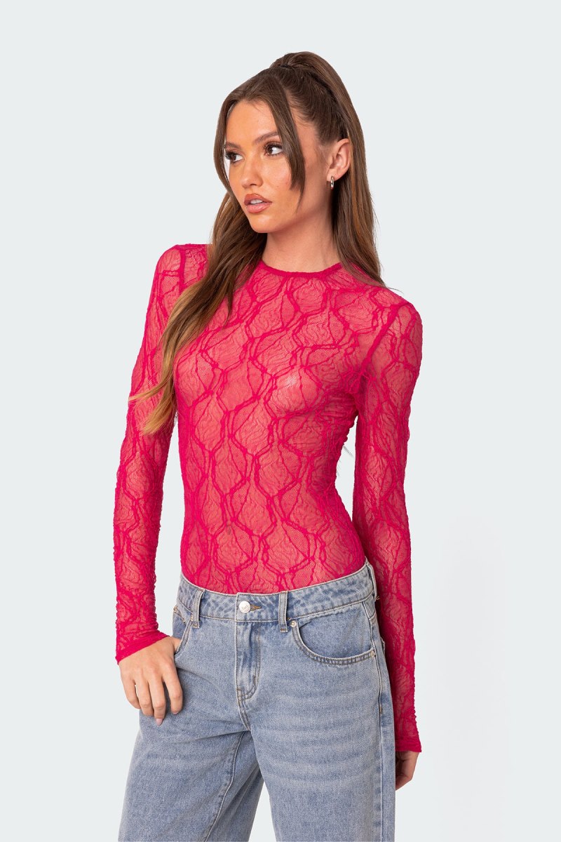 Edikted Lina Sheer Textured Bodysuit Long Sleeve Tops Fuchsia | USA LN282398E6