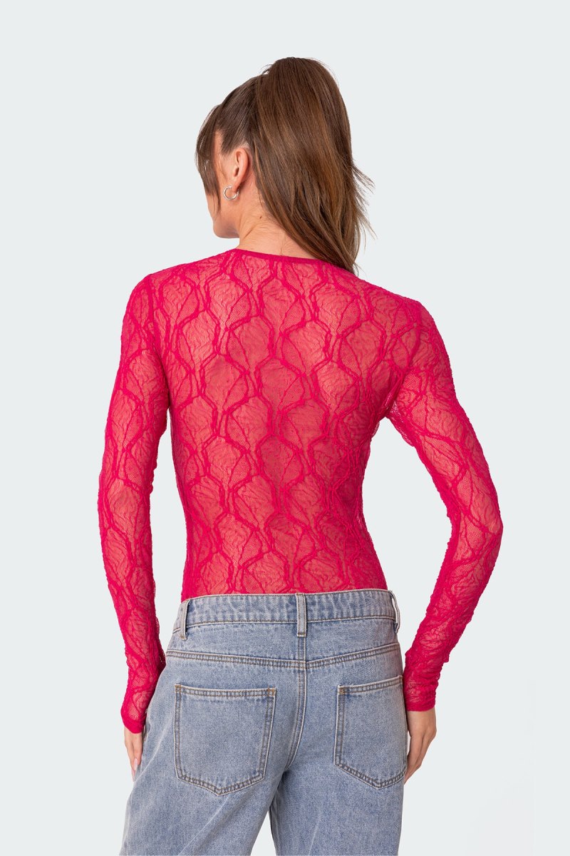 Edikted Lina Sheer Textured Bodysuit Long Sleeve Tops Fuchsia | USA LN282398E6