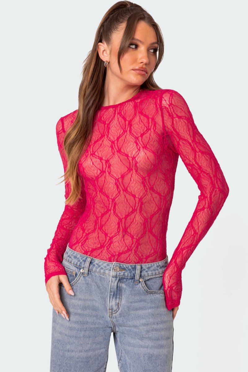 Edikted Lina Sheer Textured Bodysuit Long Sleeve Tops Fuchsia | USA LN282398E6