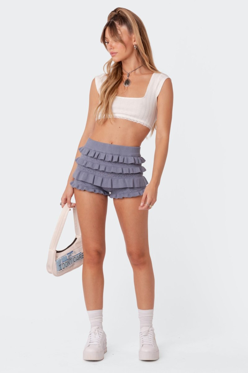 Edikted Lindsay Ruffle Knitted Shorts Black | USA SQ192769A0