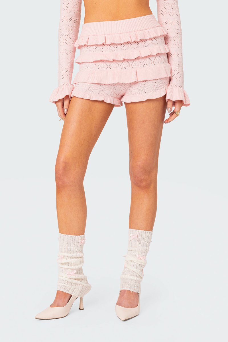 Edikted Lindsay Ruffle Knitted Shorts Black | USA HD653775P0