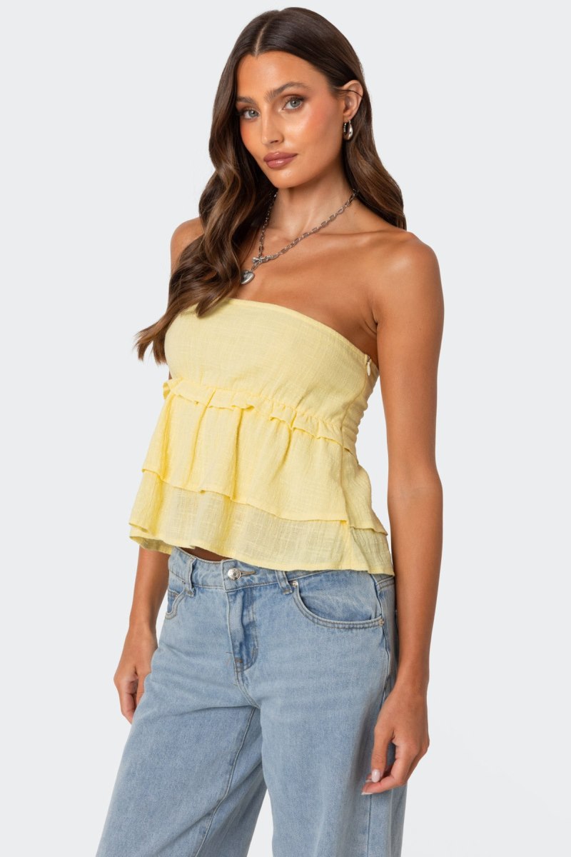 Edikted Linen Look Strapless Peplum Strapless Tops Black | USA FZ725622H2