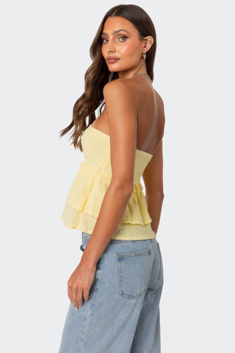 Edikted Linen Look Strapless Peplum Strapless Tops Black | USA FZ725622H2