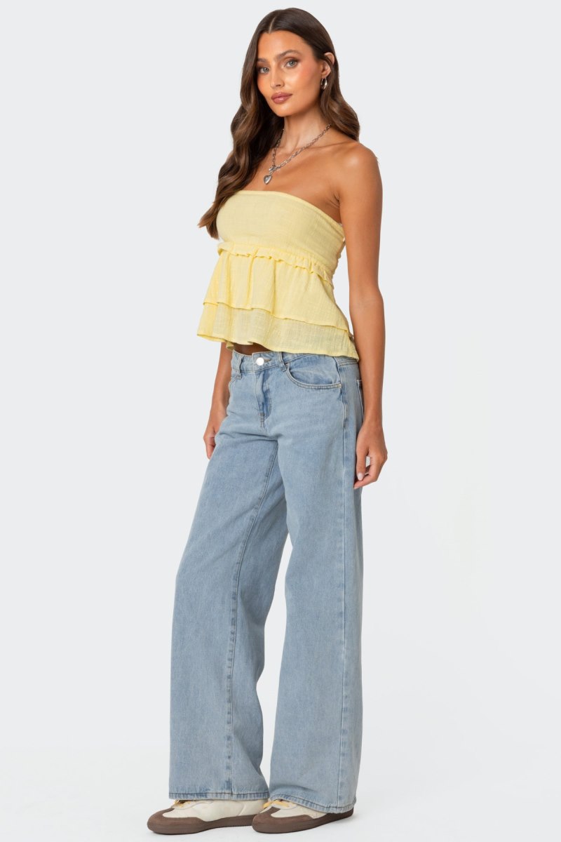 Edikted Linen Look Strapless Peplum Strapless Tops Black | USA FZ725622H2