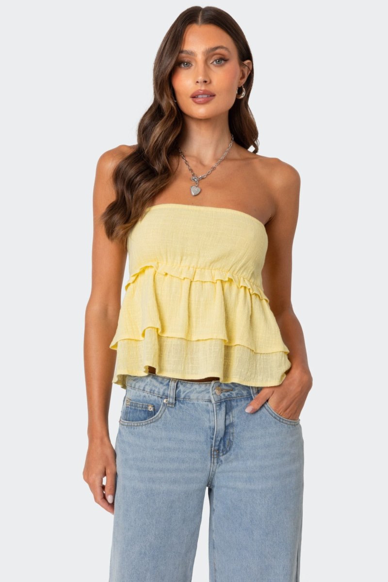 Edikted Linen Look Strapless Peplum Strapless Tops Black | USA FZ725622H2
