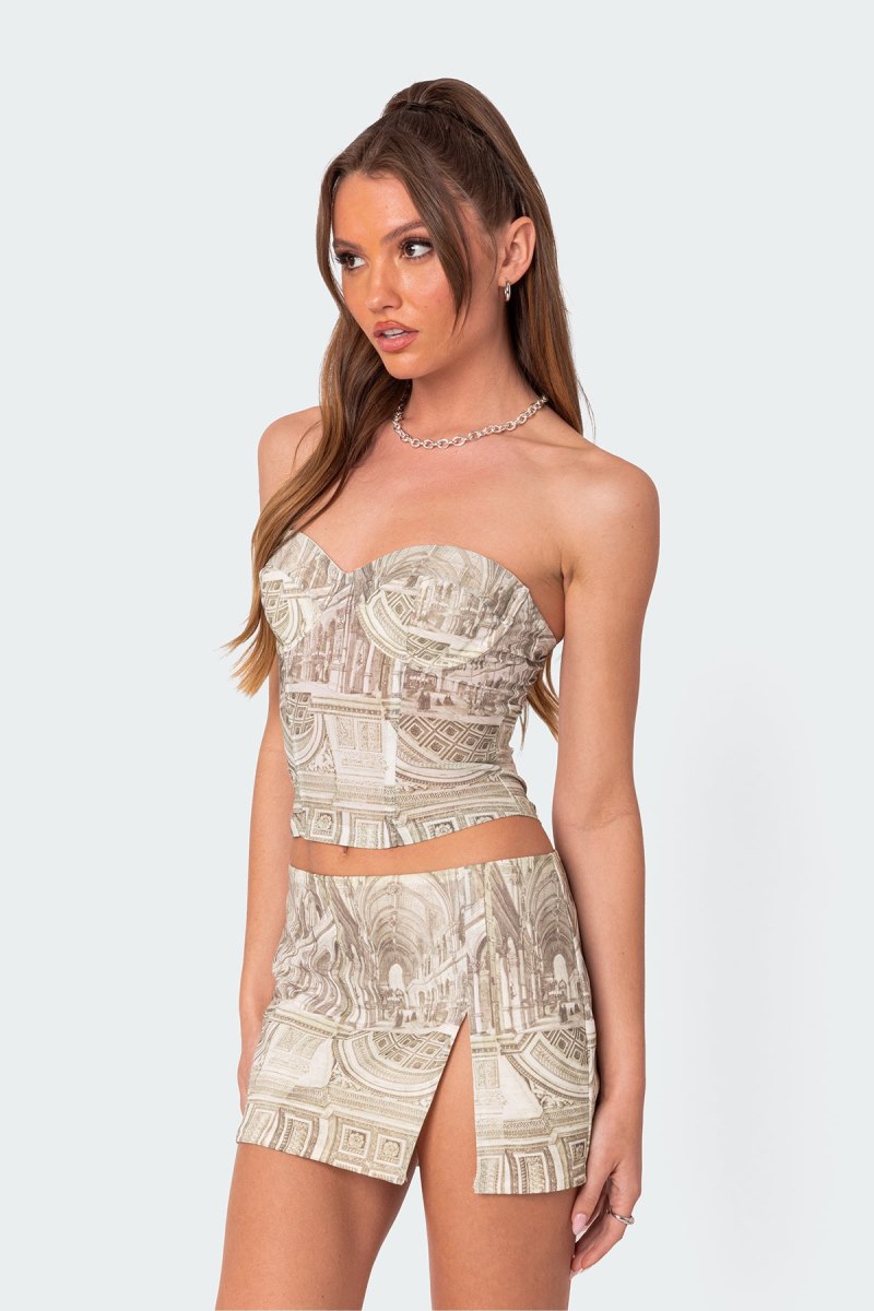 Edikted Lionne Printed Corset Strapless Tops Olive | USA JN023802F1