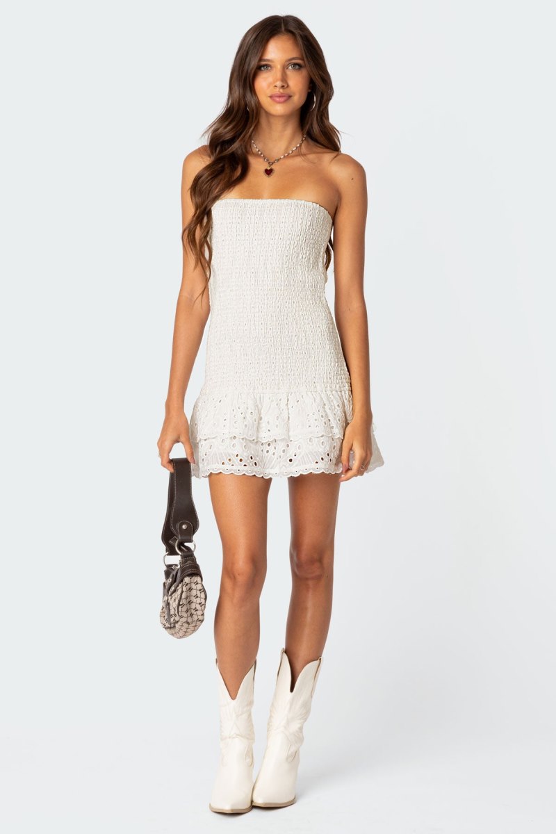Edikted Livia Lacey Cotton Scrunch Mini Dress White | USA AE716931A7
