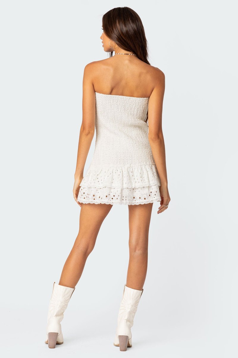 Edikted Livia Lacey Cotton Scrunch Mini Dress White | USA AE716931A7