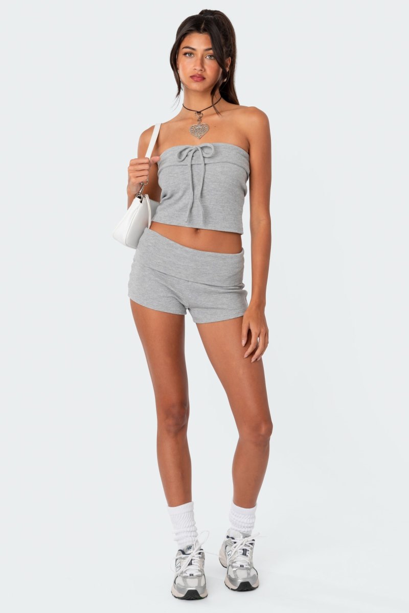 Edikted Lizzy Foldover Waffle Tube Crop Tops Gray Melange | USA AI514551A1