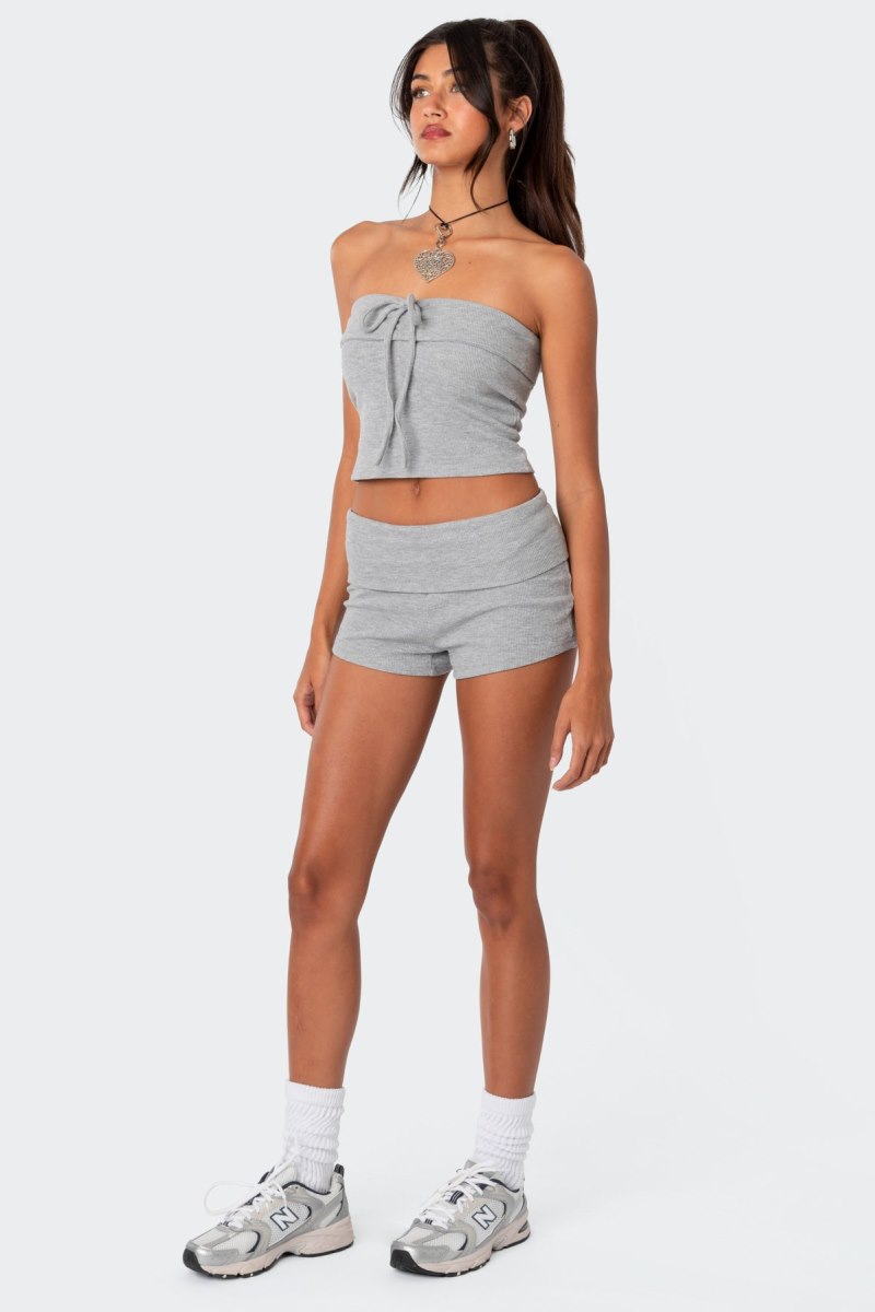 Edikted Lizzy Foldover Waffle Tube Crop Tops Gray Melange | USA AI514551A1