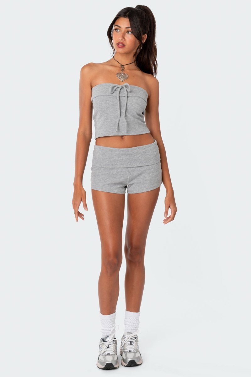 Edikted Lizzy Foldover Waffle Tube Crop Tops Gray Melange | USA AI514551A1