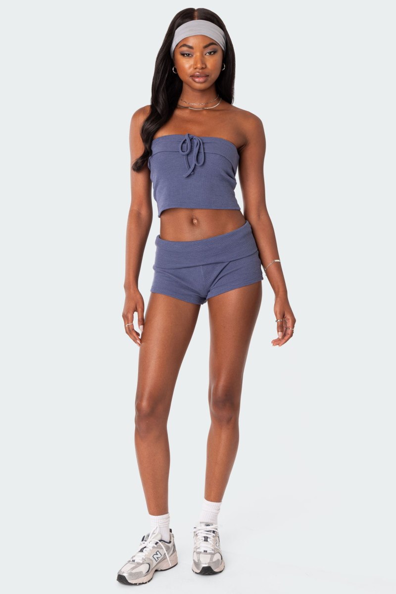 Edikted Lizzy Foldover Waffle Tube Strapless Tops Gray Melange | USA HM963296G9