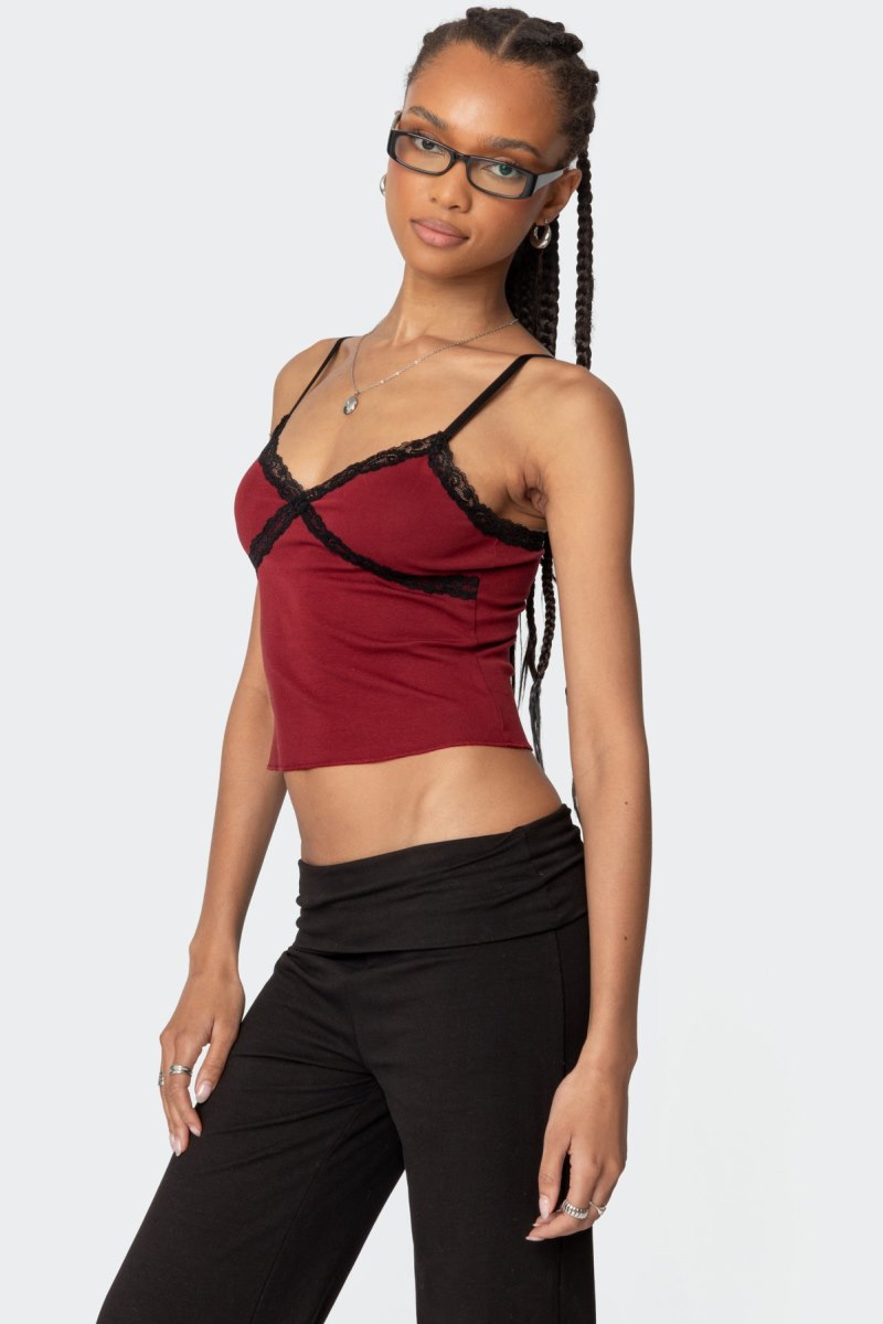 Edikted Llena Lace Trim Tank Top Burgundy | USA CY299159X8