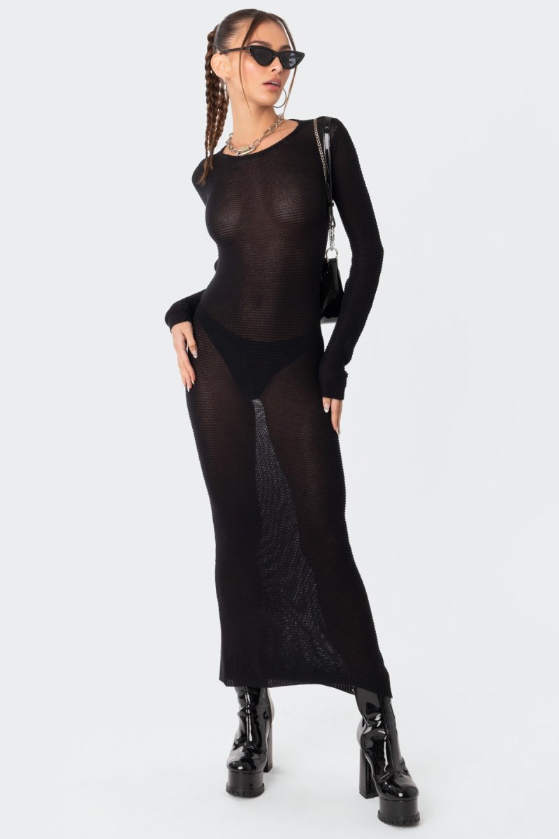 Edikted London Knitted Open Back Maxi Long Sleeve Dress Black | USA JQ850095K1