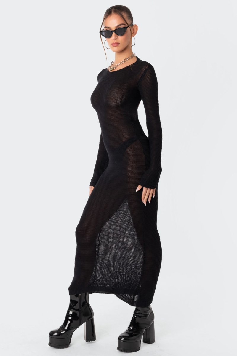 Edikted London Knitted Open Back Maxi Long Sleeve Dress Black | USA JQ850095K1