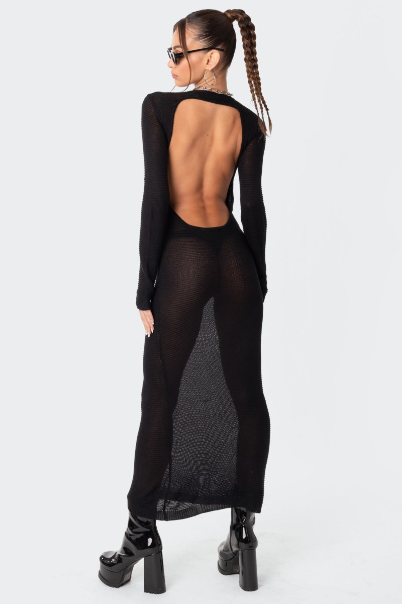 Edikted London Knitted Open Back Maxi Long Sleeve Dress Black | USA JQ850095K1