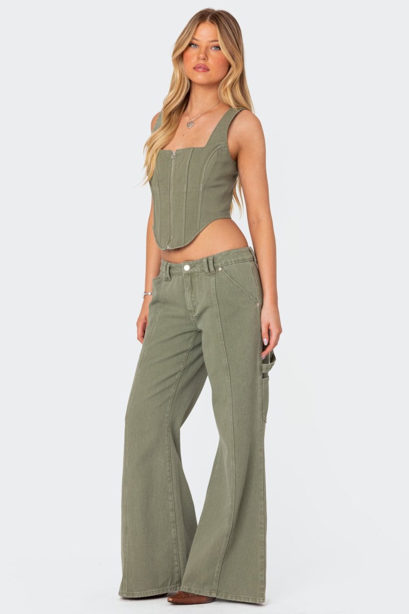 Edikted Lottie Low Rise Washed Carpenter Jeans Olive | USA QO515761W1