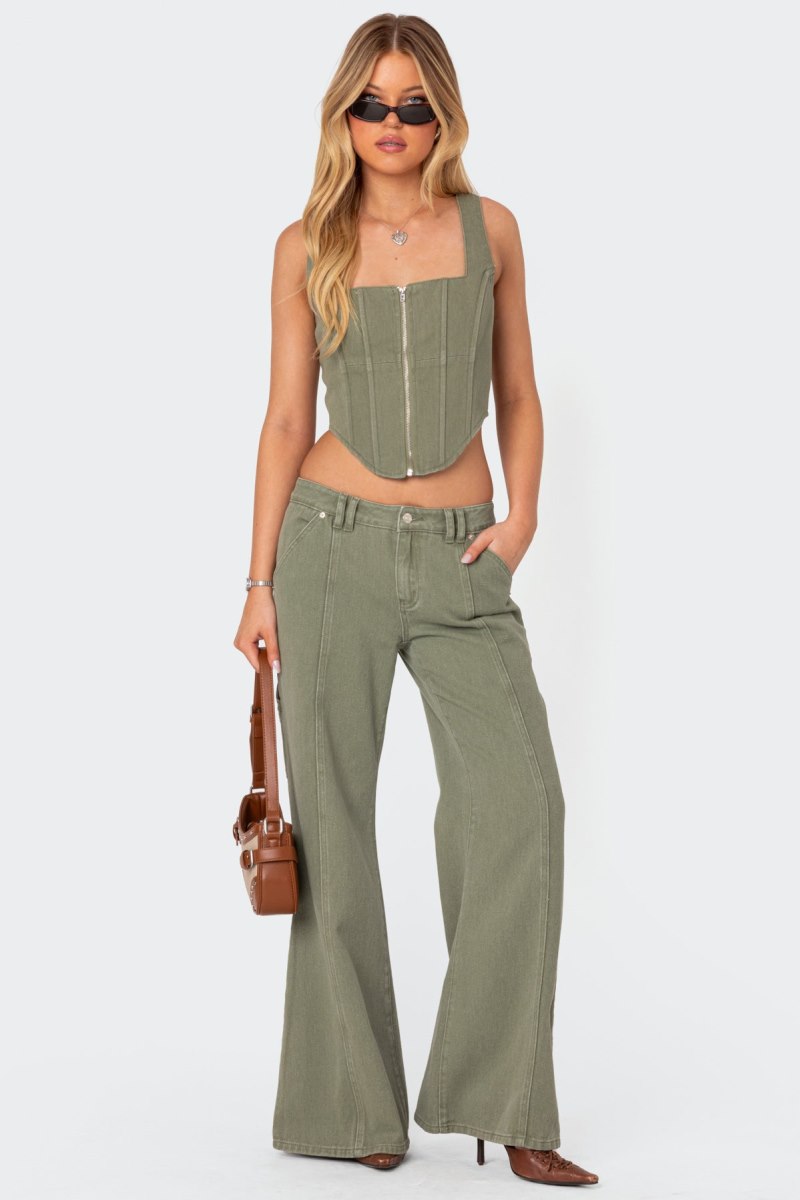 Edikted Lottie Low Rise Washed Carpenter Jeans Olive | USA QO515761W1