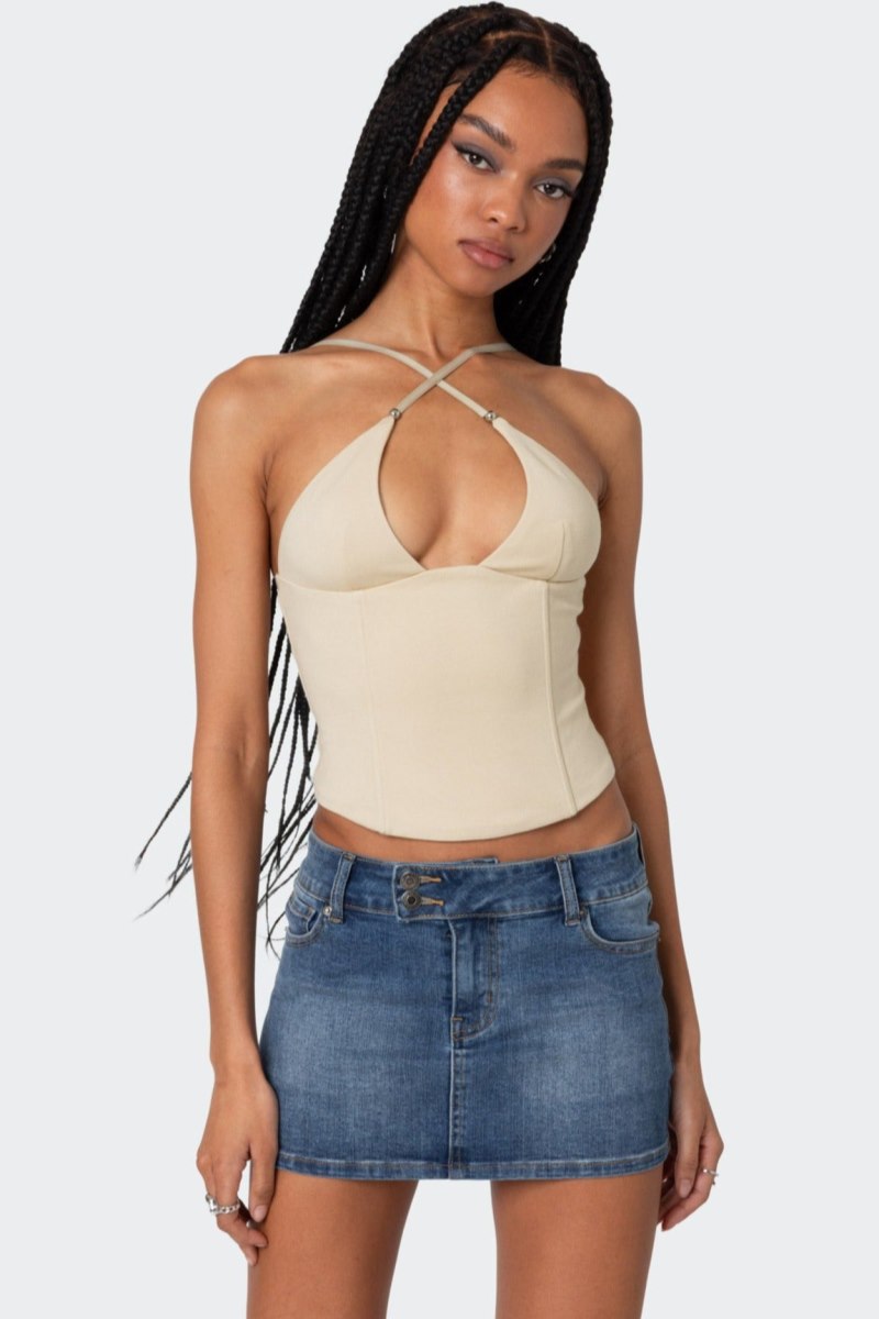 Edikted Lou Crossover Beaded Corset Beige | USA RO342274D5