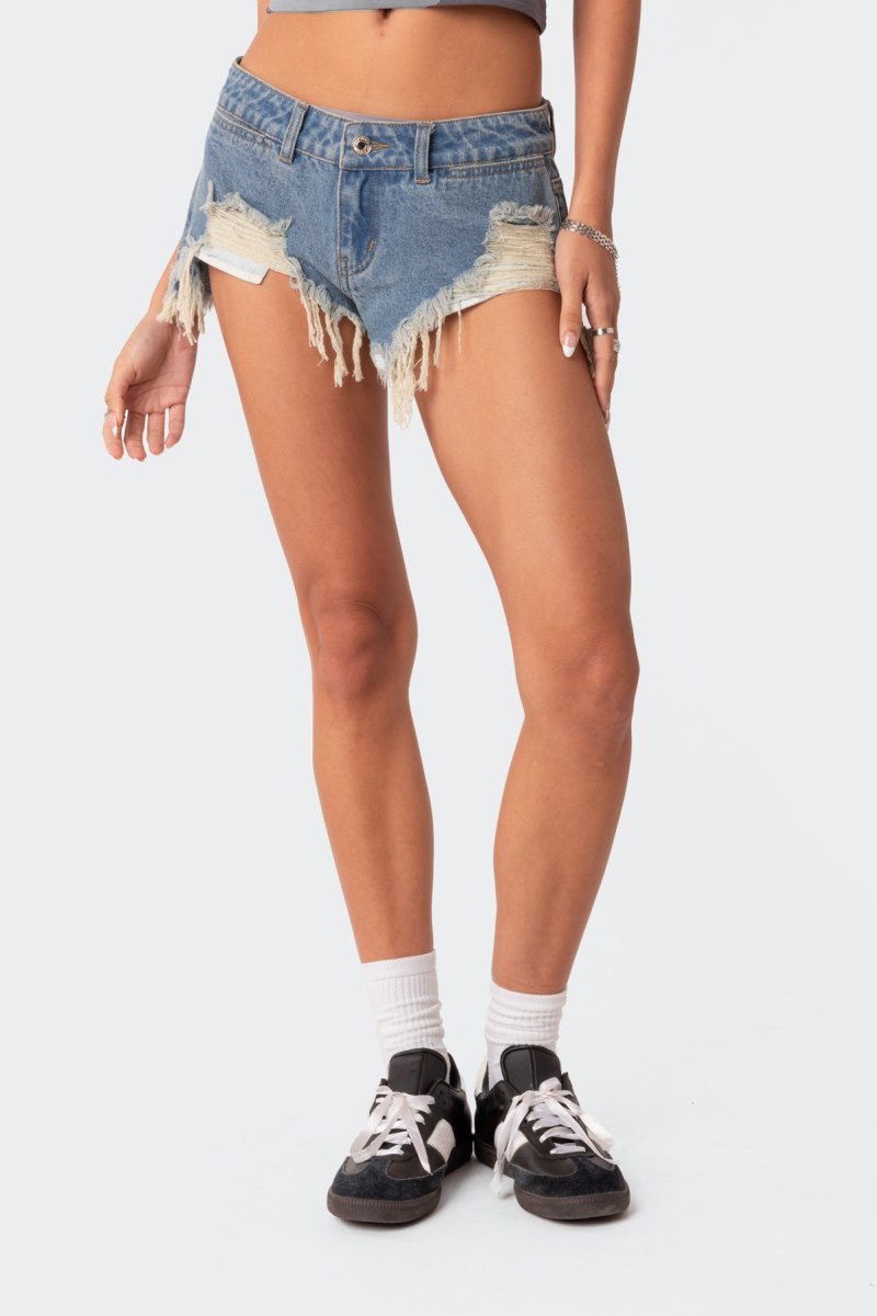 Edikted Low Rise Distressed Micro Denim Shorts Blue | USA OF543704G1
