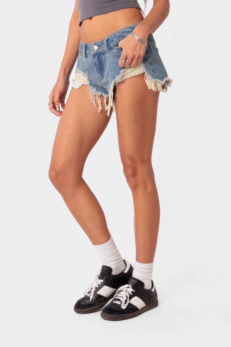 Edikted Low Rise Distressed Micro Denim Shorts Blue | USA OF543704G1