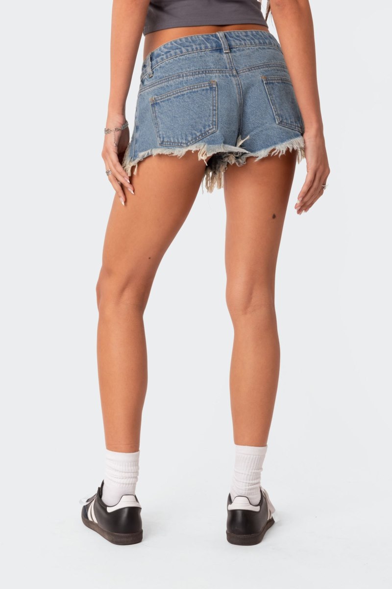Edikted Low Rise Distressed Micro Denim Shorts Blue | USA OF543704G1