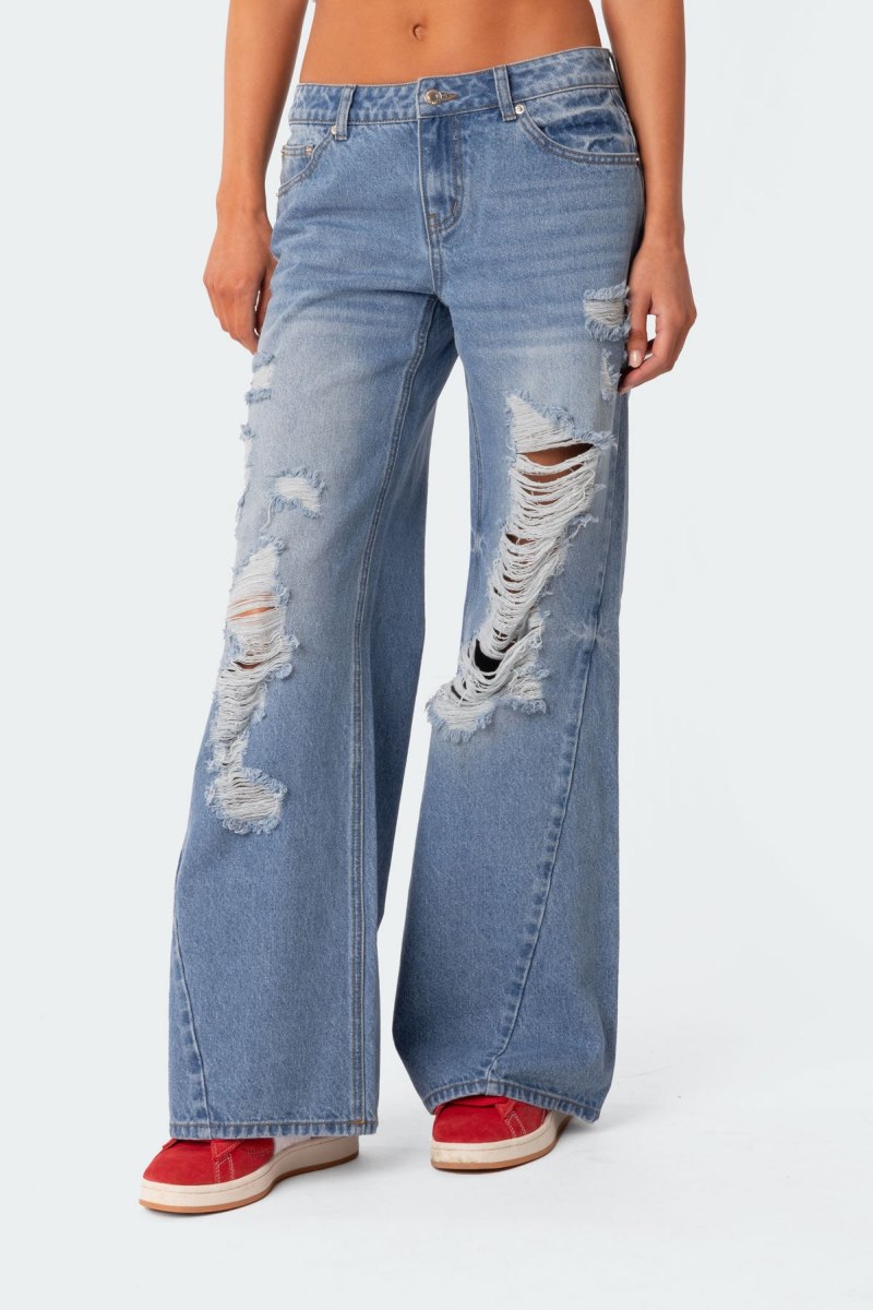 Edikted Low Rise Distressed Wide Leg Jeans Blue | USA ZW488188C6