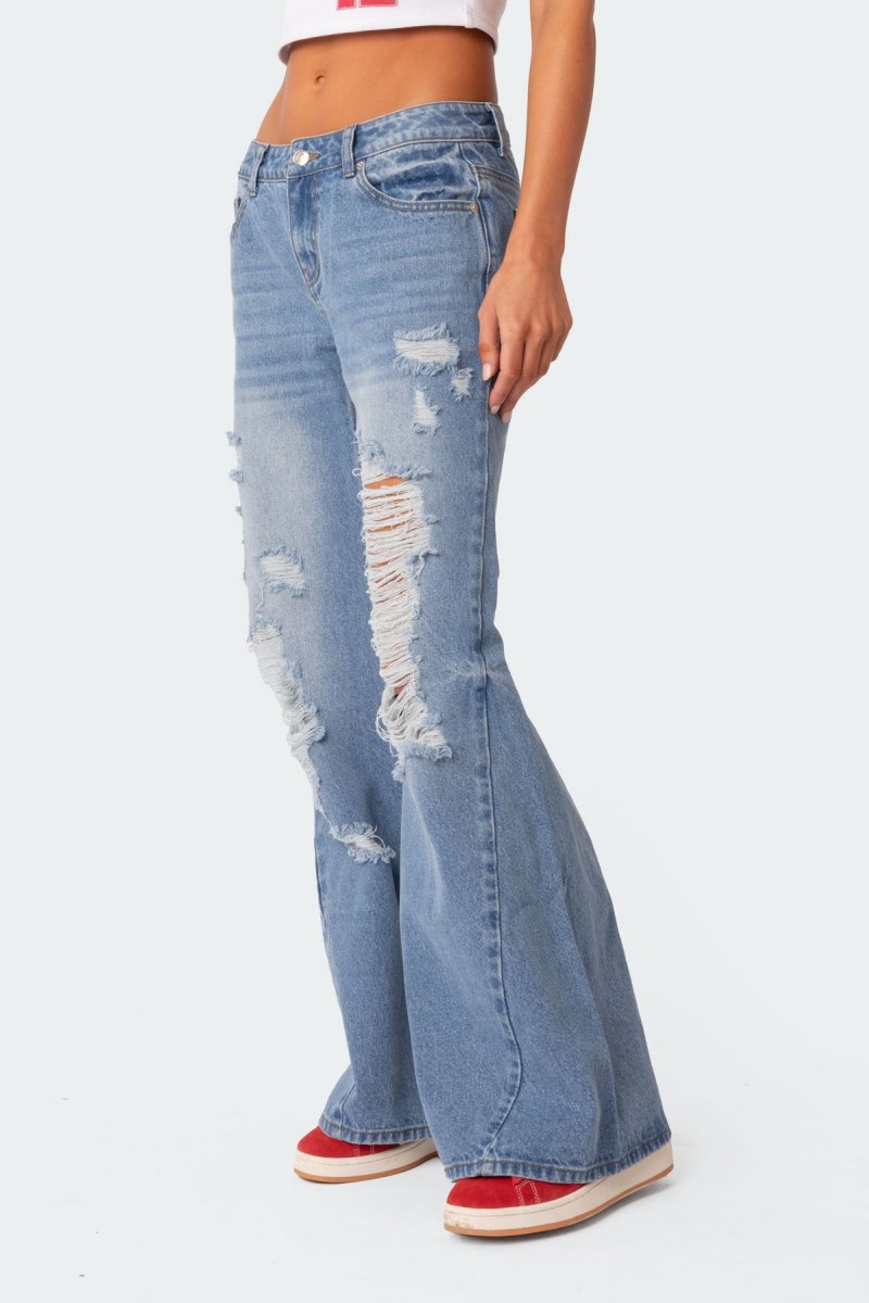 Edikted Low Rise Distressed Wide Leg Jeans Blue | USA ZW488188C6