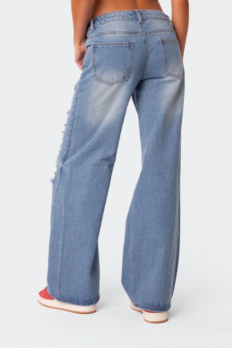 Edikted Low Rise Distressed Wide Leg Jeans Blue | USA ZW488188C6