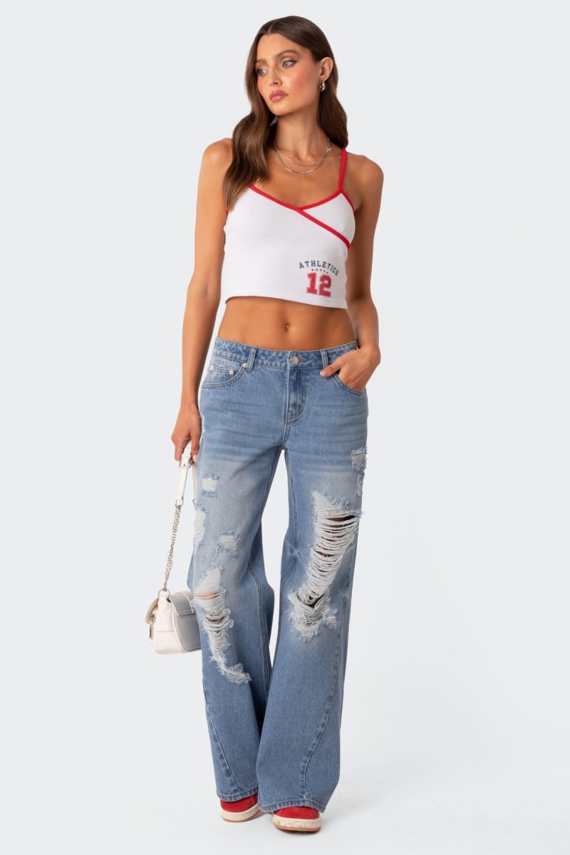 Edikted Low Rise Distressed Wide Leg Jeans Blue | USA ZW488188C6