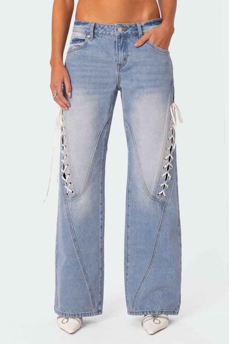 Edikted Low Rise Ribbon Lace Up Jeans Blue | USA TF096339Z7