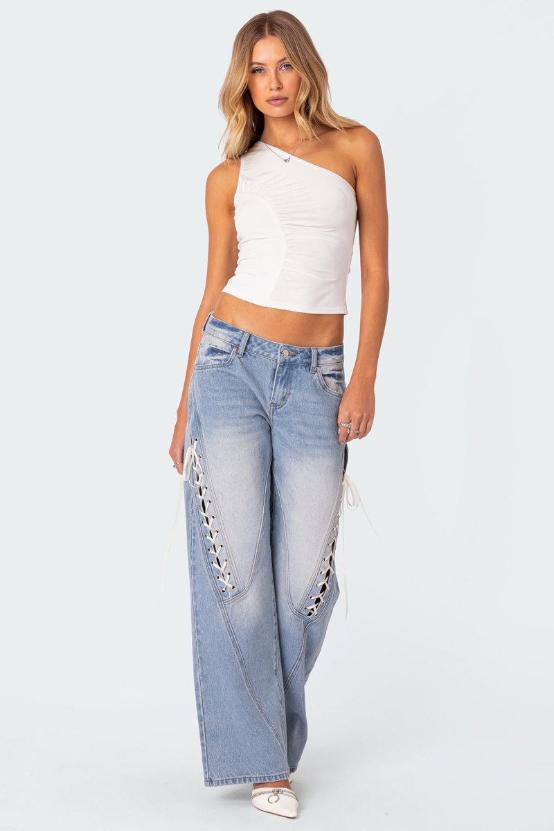 Edikted Low Rise Ribbon Lace Up Jeans Blue | USA TF096339Z7