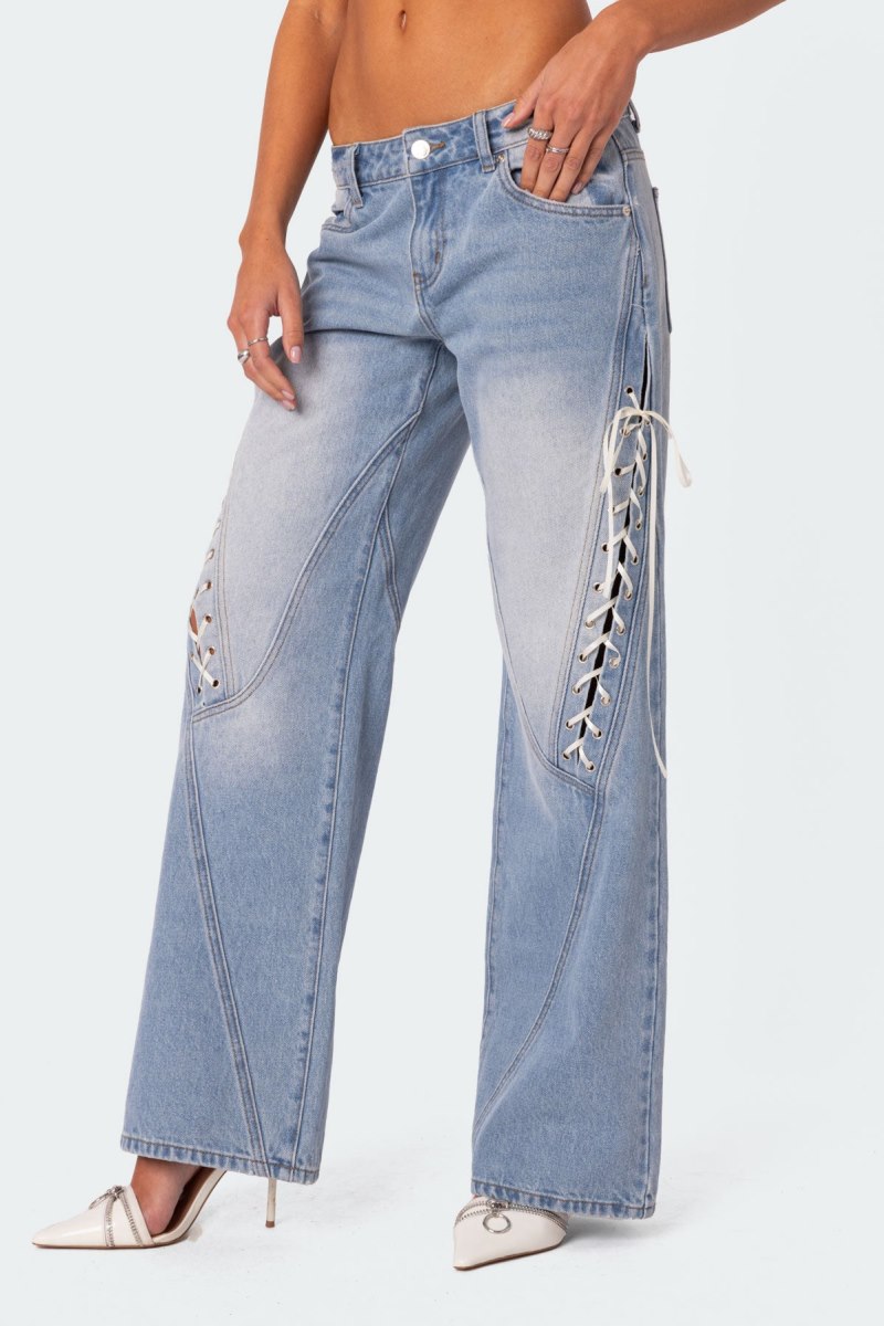 Edikted Low Rise Ribbon Lace Up Jeans Blue | USA TF096339Z7