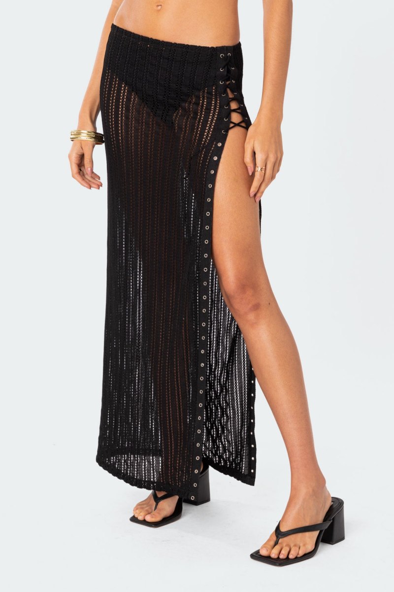 Edikted Lucea Lace Up Sheer Knit Maxi Skirts Black | USA SS024502P7