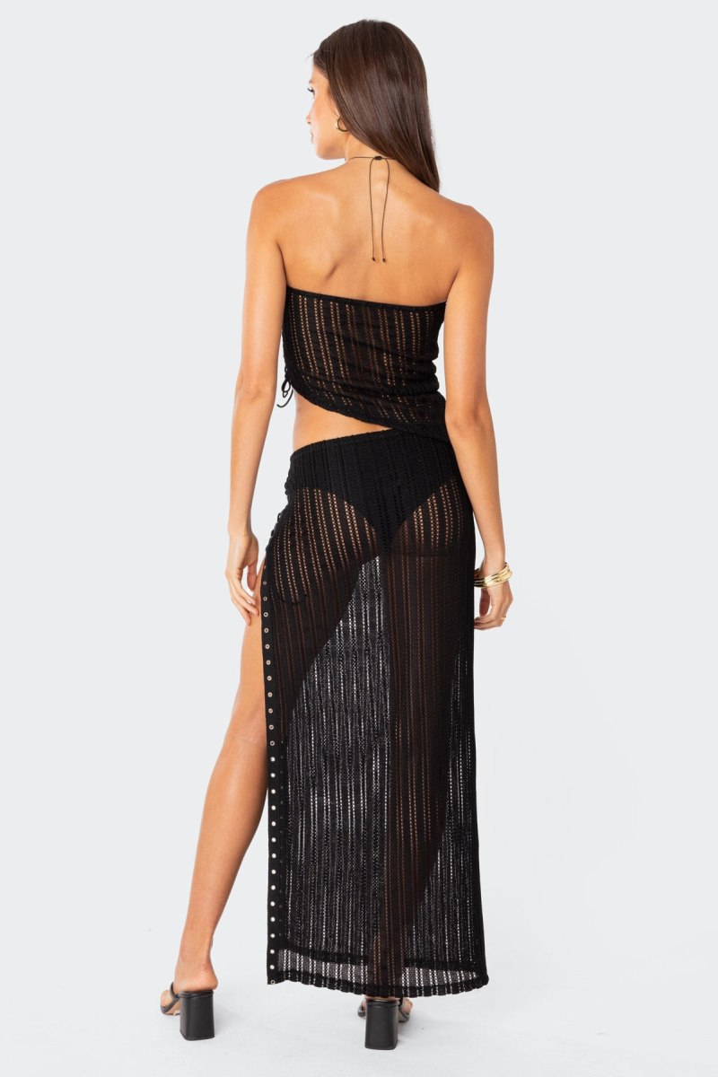 Edikted Lucea Lace Up Sheer Knit Maxi Skirts Black | USA SS024502P7