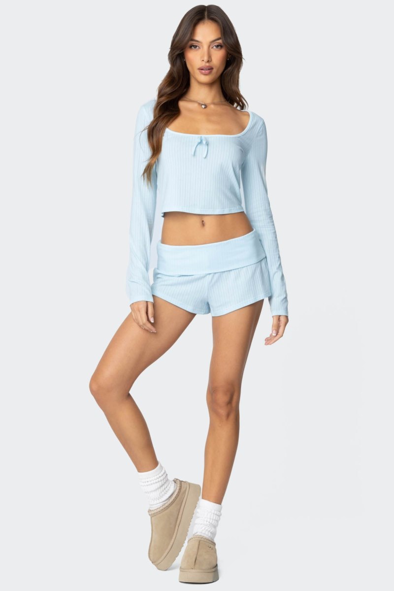 Edikted Lucilla Wide Neck Ribbed Long Sleeve Tops Light Blue | USA CY414611A6