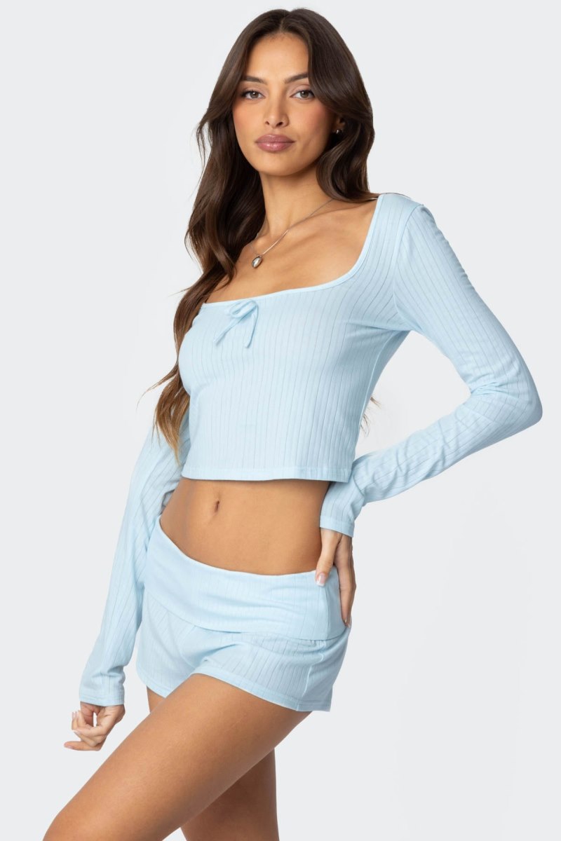 Edikted Lucilla Wide Neck Ribbed Long Sleeve Tops Light Blue | USA CY414611A6