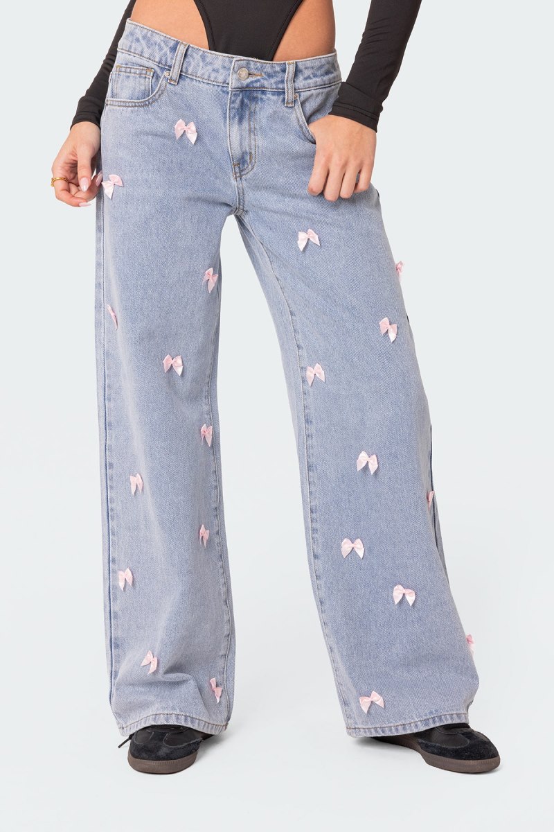 Edikted Lucille Low Rise Satin Bow Jeans Light Blue | USA NF971047L3