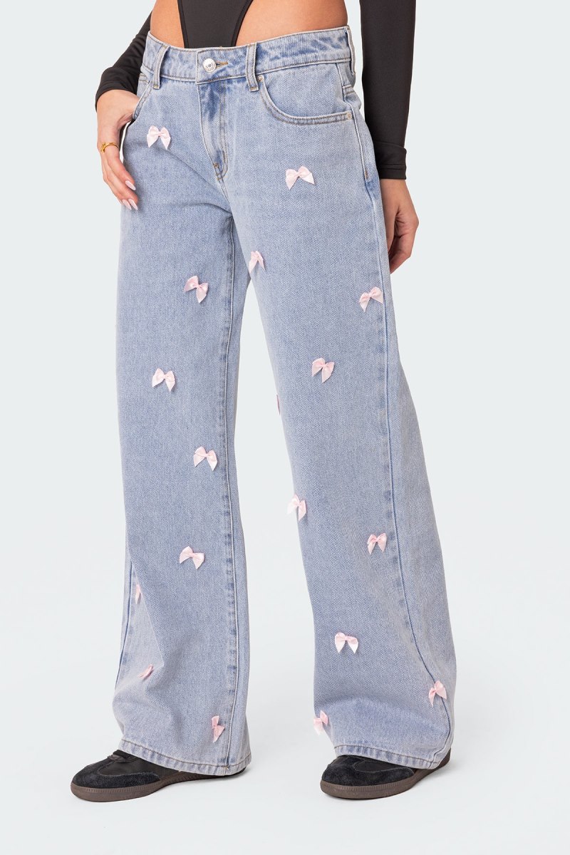 Edikted Lucille Low Rise Satin Bow Jeans Light Blue | USA NF971047L3
