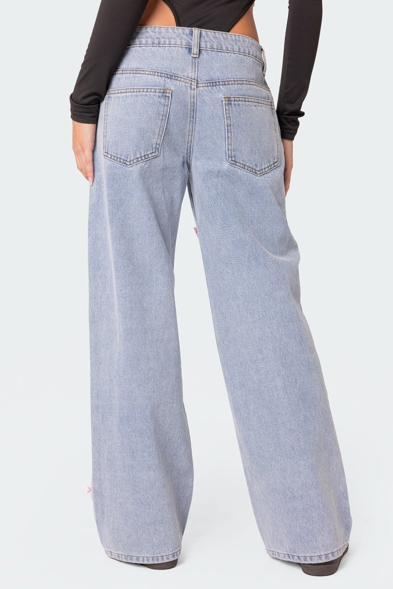 Edikted Lucille Low Rise Satin Bow Jeans Light Blue | USA NF971047L3