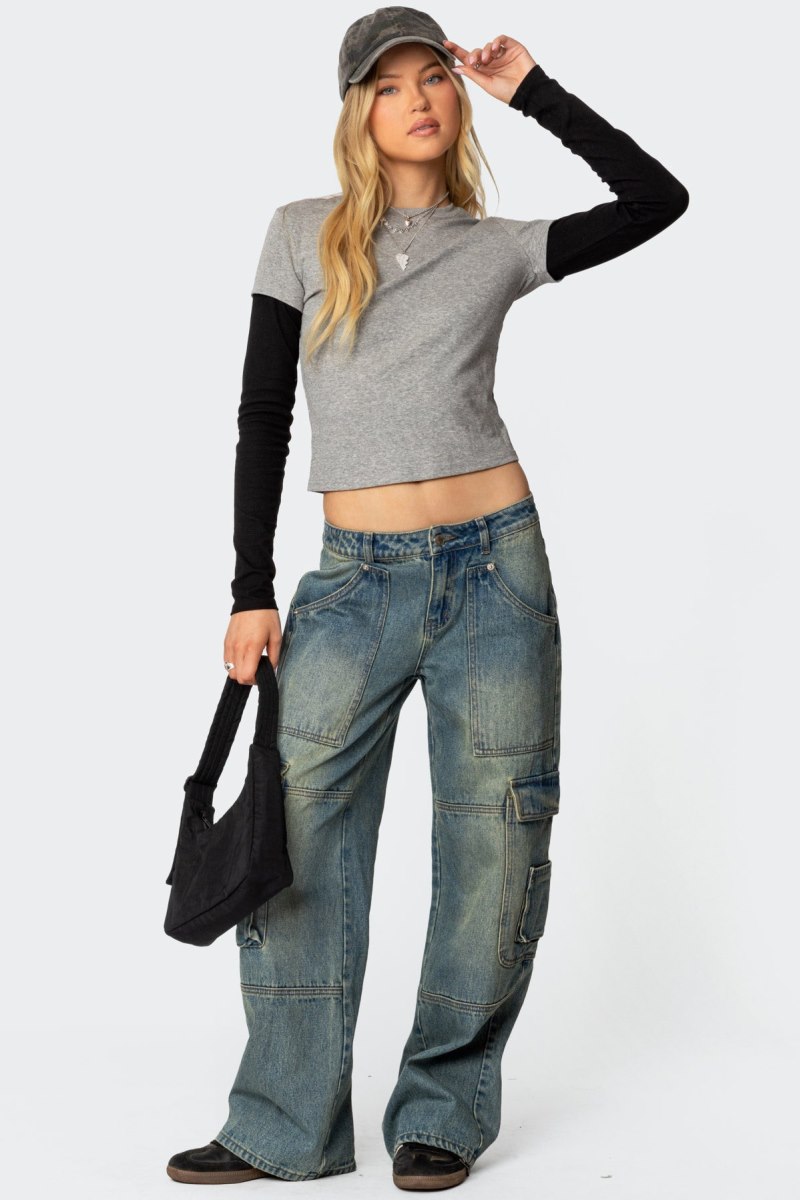 Edikted Lucine Layered Long Sleeve T Shirts Gray Melange | USA BB450625L4
