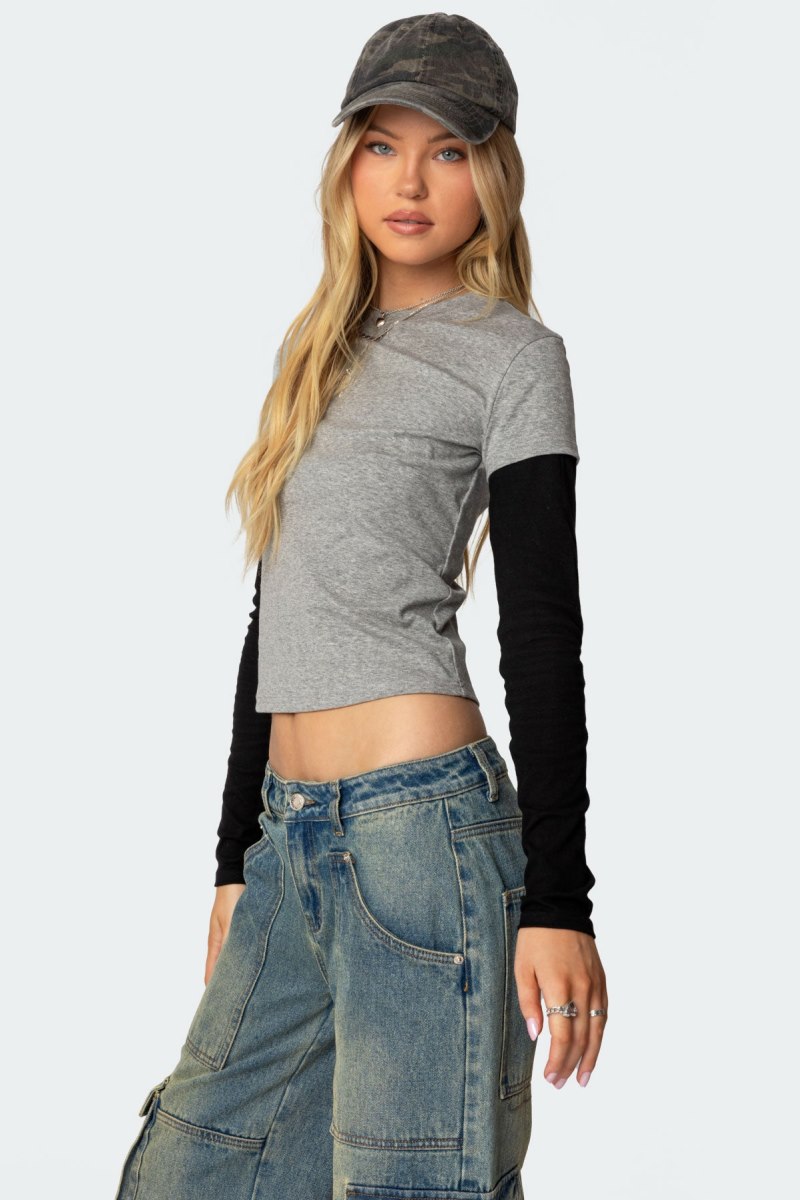 Edikted Lucine Layered Long Sleeve Tops Gray Melange | USA LY583088V9