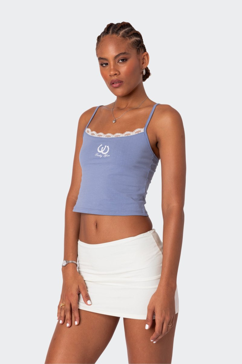 Edikted Lucky Girl Lace Trim Tank Graphic Tops Blue | USA OO520902Q7
