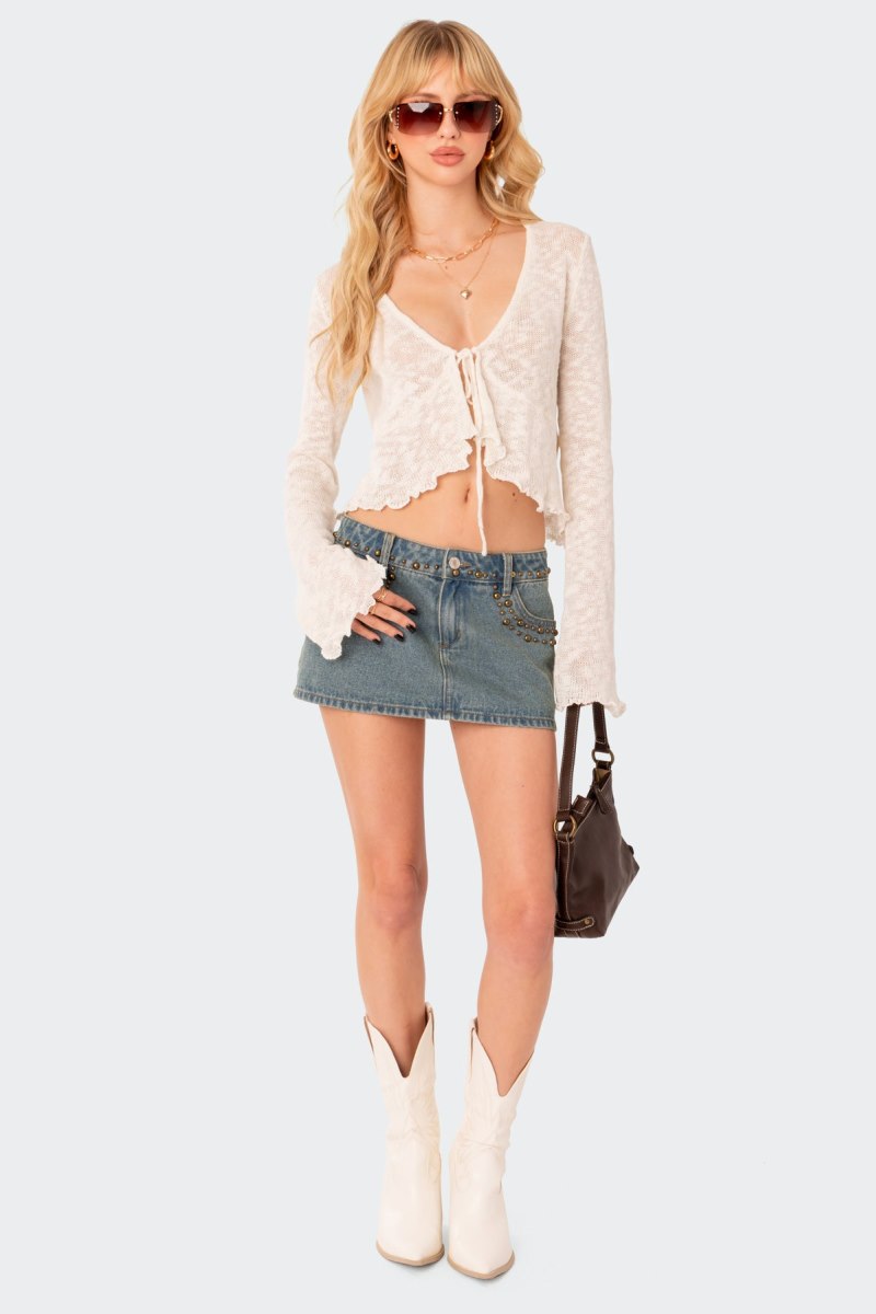 Edikted Luka Tie Front Knitted Tops Cream | USA ZI706950N3
