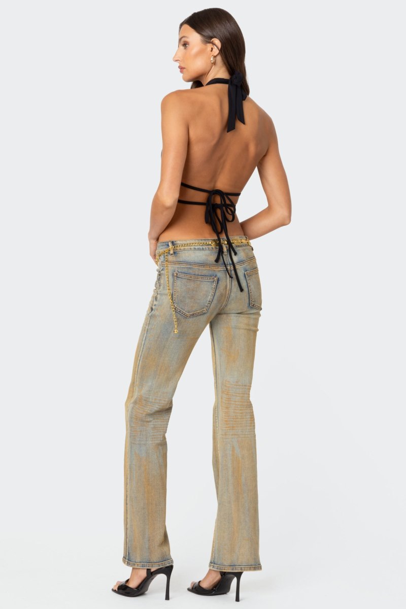 Edikted Luma Split Front Backless Halter Crop Tops Black | USA SI500940X2