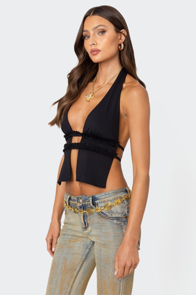 Edikted Luma Split Front Backless Halter Crop Tops Black | USA SI500940X2