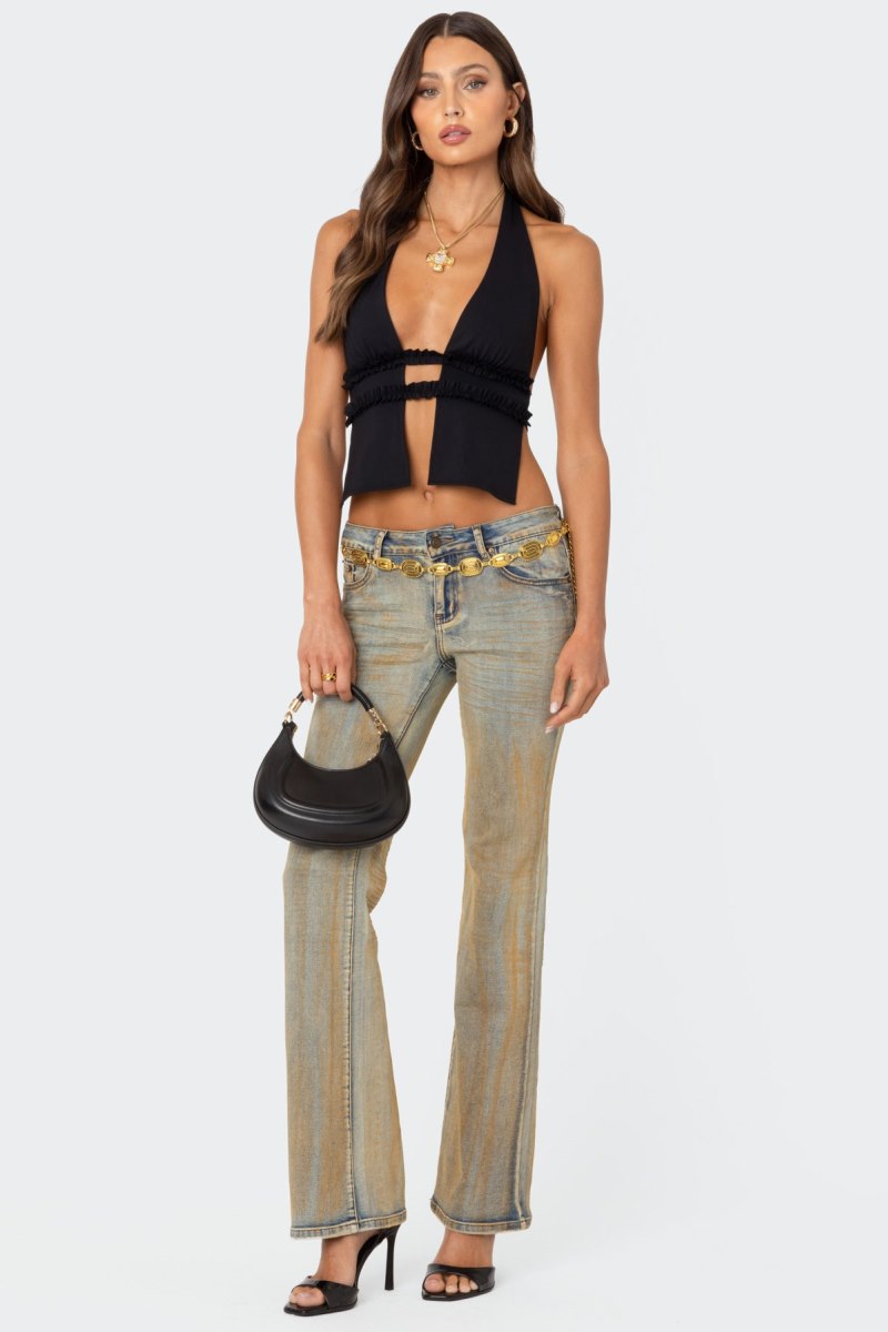 Edikted Luma Split Front Backless Halter Crop Tops Black | USA SI500940X2