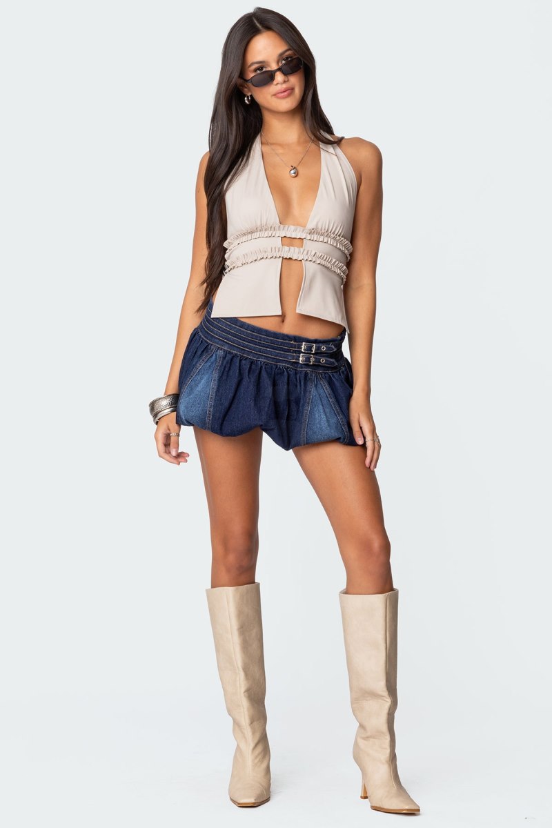 Edikted Luma Split Front Backless Halter Crop Tops Black | USA UG663276X5