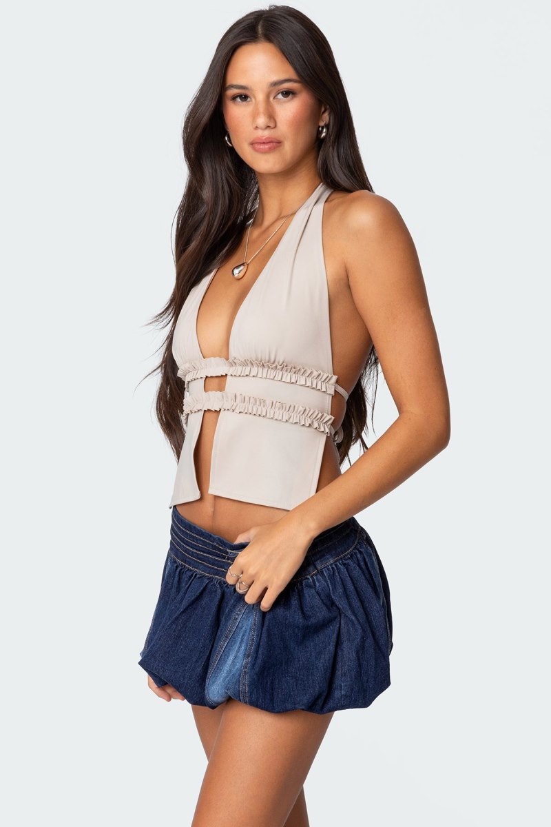 Edikted Luma Split Front Backless Halter Crop Tops Black | USA UG663276X5